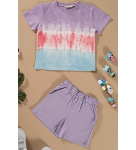 Batik Yıkamalı Lila Tshirt Şort Takım
