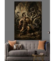 Medusa Ve Yılanlarla Savaşan Kahraman Dekoratif Kanvas - Mdf Ahşap Tablo