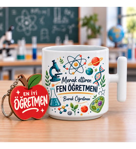 Kişiye Özel İsimli Fen Bilimleri Öğretmeni Seramik Latte Kupası ve Ahşap Anahtarlık Hediye Seti (250 ml)