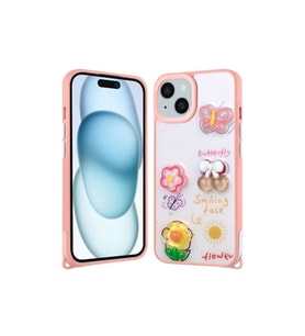 Apple iPhone 15 Plus Uyumlu Kılıf Parlayan Simli Kabartma Figürlü Zore Cevze Kapak (Pembe)