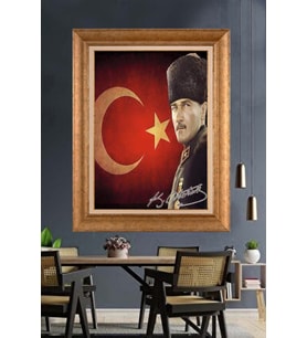 Altın Varaklı Çerçeveli Paspartulu Atatürk Tablo DC1595 (Gold)