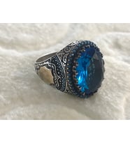 Aquamarin (Akuamarin) Taşlı 925 Ayar Erkek Gümüş Yüzük
