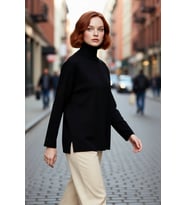 Kadın Oversize Balıkçı Yaka Düşük Kol Akrilik Triko Kazak Kış Sezonu İçin Uzun Basic Model