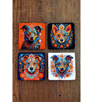 Doğal Taş Bardak Altlığı 4'lü Set 10x10x1 cm Renkli Köpekler -Stone Coasters