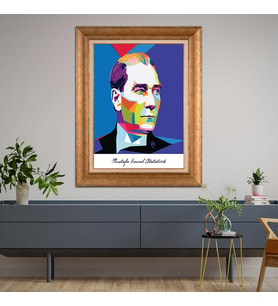 Altın Varaklı Çerçeveli Paspartulu Atatürk Tablo TR1394 (Gold)