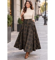 %100 YÜN ETRO KAHVELİ İTALYAN EKOSE 90 CM BOY GİZLİ CEPLİ BELİ LASTİKLİ TAM KLOŞ ETEK