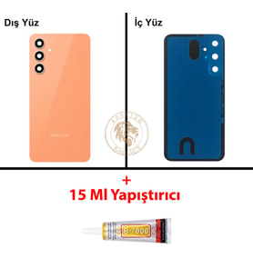 Samsung Galaxy S23 FE Turuncu Renk Lensli Arka Kapak + B7000 Yapıştırıcı Arka Cam Batarya Kapağı Pil Kapağı Lazer Kesim Back Cover Galaxy S23 FE Uyumlu