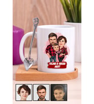 Üç Kişilik Aileye İlginç Hediye Karikatürlü Ahşap Altlıklı Beyaz Kupa Bardak