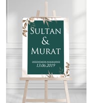 Söz Nişan Düğün İçin 50x70 Karşılama Panosu - Yeşil Çiçek Desenli 003