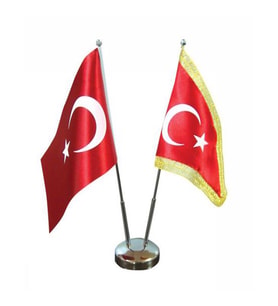 Masa Üstü Türk Bayrağı Biri Simli + İkili Krom Direk Masa Bayrak Seti