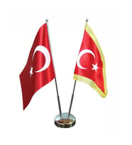 Masa Üstü Türk Bayrağı Biri Simli + İkili Krom Direk Masa Bayrak Seti