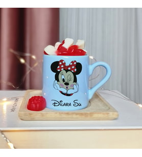Minnie Mouse Tasarımlı Kişiye Özel Mavi Türk Kahvesi Fincan