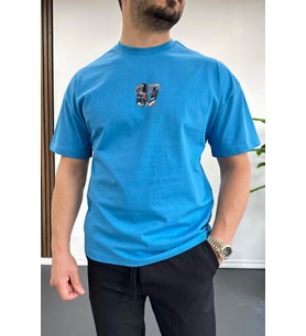 Erkek Oversize %100 Pamuk 87 Baskılı T-shirt Mavi Edw101