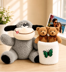 Kişiye Özel Fotoğraflı 2'li Peluş Ayıcık Buketi ve Peluş Eşek Hediye Seti