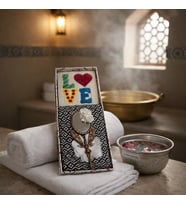 14 Şubat Sevgililer Günü romantik set Peştamal Havlu, Love yazılı Keçe Sabun ve Magnet Ayna Seti (K.Siyah)