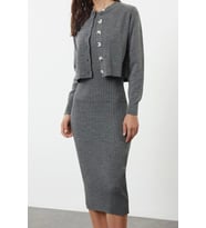 Moda Stil Regular Bisiklet Yaka Midi Boy Triko Basic Hırkalı Elbise (Antrasit)