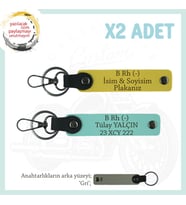 Motor Severlere İsim Plaka ve B Rh (-) Kan Grubu Yazılı Özel Tasarım x2 Anahtarlık, Sarı-Turkuaz-Gr (Çok Renkli)