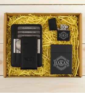 BK Gift Kişiye Özel Garbalia Hakiki Deri Mıknatıs Kapaklı Cüzdan Kartlık & Sigara Saklama Kutusu & Çakmak Hediye Seti-1  Babalar Günü Hediyesi, Erkeklere Özel Hediye