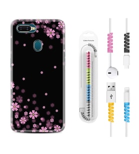 Oppo A5S A15 A16 A54 A55 A73 A74 Kılıf Kablo Koruma Spiral Silikon Black flowers 1391