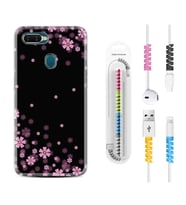 Oppo A5S A15 A16 A54 A55 A73 A74 Kılıf Kablo Koruma Spiral Silikon Black flowers 1391