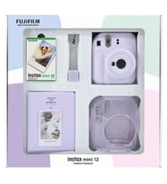 Instax mini 12 Lila Fotoğraf Makinesi 10'lu Film Simli Pleksi Kılıf PVC Albüm ve Kıskaçlı Resim Standı Bundle Box
