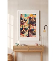 Pop-Art Kediler 1. Kalite Ahşap Çerçeveli Tablo