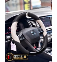 Seat Toledo Mk4 Dikme Direksiyon Kılıfı Delikli Deri Parlak Siyah Bej Detay Çift Yüzük ve Dikiş 2018-2019