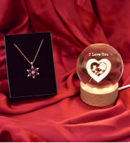 Sevgiliye Özel 3D "I LOVE YOU" Işıklı Küre& Mor Nilüfer Çiçeği Kolye Hediye Seti
