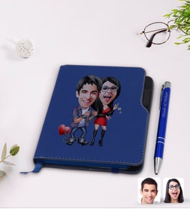 BK Gift Kişiye Özel Sevgililer Karikatürlü Lacivert Termo Deri Defter Kalem Seti-1