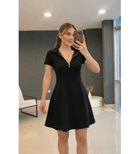 Kadın Kısa Kollu Yakası Fermuarlı Kısa Viskon Iki Iplik Elbise