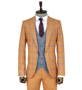 Desenli Slim Fit Turuncu Erkek Takım Elbise - Wessi