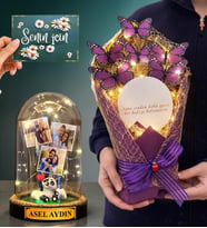 Size Özel Muhteşem Hediye Seti Led Işıklı Fanus ve Led Işıklı Kelebek Buketi Premium Set (Model 4)