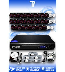 PICAM 32 Kameralı Uzay 32 Dış Kamera Set 500 GB HDD Full HD Gece Görüşlü Güvenlik Kamerası Sistemi