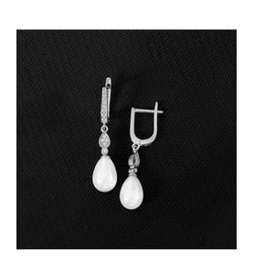 925 Ayar Zirkon Taşlı Damla Modeli Gümüş İnci Küpe (Rodyum)