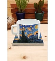 Kediler ve Sanat/Van Gogh Set 4 - Yıldızlı Gece(Starry Night) Fincan Kupa-Taş Bardak Altlığı 11