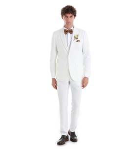 Beyaz Slim Fit Düz Çıkma Şal Yaka Smokin Damatlık