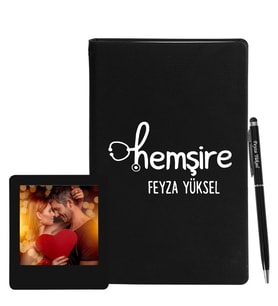 Kişiye Özel Hemşire Tasarımlı Siyah Defter Kalem & Instagram Çerçeve Hediye Seti
