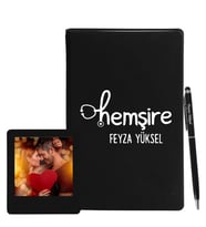 Kişiye Özel Hemşire Tasarımlı Siyah Defter Kalem & Instagram Çerçeve Hediye Seti