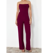 Kadın Moda Standart Kol Geniş Paça Straplez Düz Desen Regular Korse Detaylı Dokuma Tulum