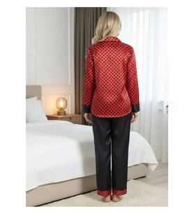 #PijamaTakımı Lüks Esnek Kaliteli Rahat Zarif Bayan Siyah-Kırmızı Saten Pijama Takımı