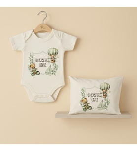 Pia Baby Premium %100 Pamuk İsme Özel Organik Baskılı Çıtçıtlı Bebek Body Ve Yastık Kılıfı 5038-19 (Ekru)