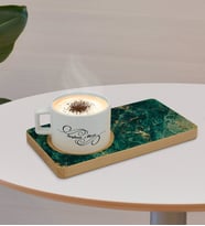 BK Gift Kişiye Özel Mermer Tasarımlı Doğal Ahşap Tabaklı Seramik Fincan Sunum Seti  Model 10
