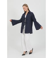 %100 Pamuk Keten Cepli Bağcıklı Kadın Kimono 1165 – Gömlek Yaka, Nefes Alan Kumaş (Lacivert)
