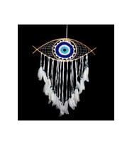Kişiye Özel Mavi Boncuklu Tüylü Göz Rüya Düş Kapanı Dream Catcher (77 cm x 60 cm)