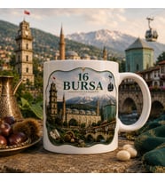 Bursa Temalı Hediyelik Kupa Bardak - 16 Plaka Osmanlı'nın İlk Başkenti ve Şehir Simgeleri İllüstrasyon Baskılı Özel Tasarım Kupa