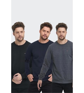 Erkek Siyah-Lacivert-Antrasit Bisiklet Yaka Nakış Detaylı Regular Fit 3'Lü Sweatshirt MMTLCE70-3
