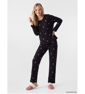 LCW DREAM Siyah Kiraz Desenli Kadın Pijama Takım