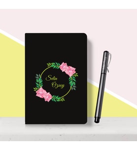 BK Gift Kişiye Özel Çiçek Desenli Siyah Defter Kalem Seti-5