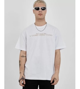 pilelistore- Unisex Bisiklet Yaka Baskılı Oversize T-Shirt - Beyaz