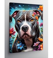 Kanvas Tablo Pitbul Köpek Ve Çiçekler